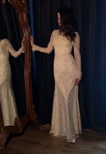 Niulatu Square Neck Sheath Pale Yellow Long Prom Dresses Lace Sequin Pale Yellow Wedding Guest Dresses Long Sleeve Evening Dresses HZ1026